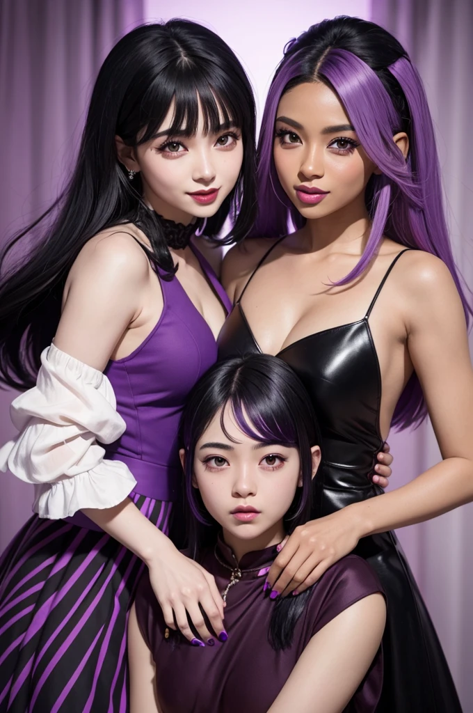 Fun-loving characters with black hair and purple tips dark skin red dress and purple black eyes 