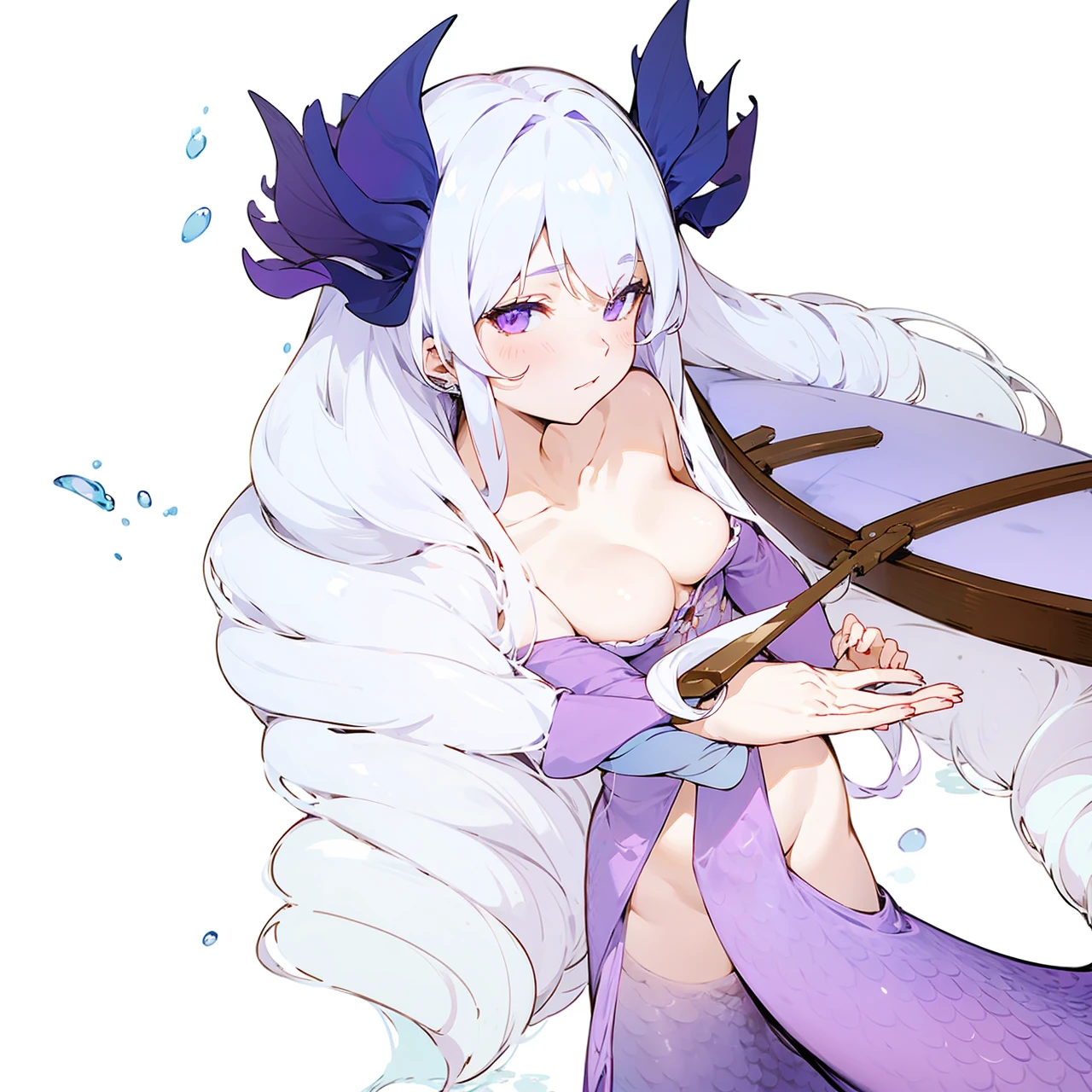 Anime girl with curly white hair with mermaid tail fins on hips,purple top and piece of long clothes, looking on the boat while guiding it with her hand as she's floating on the water