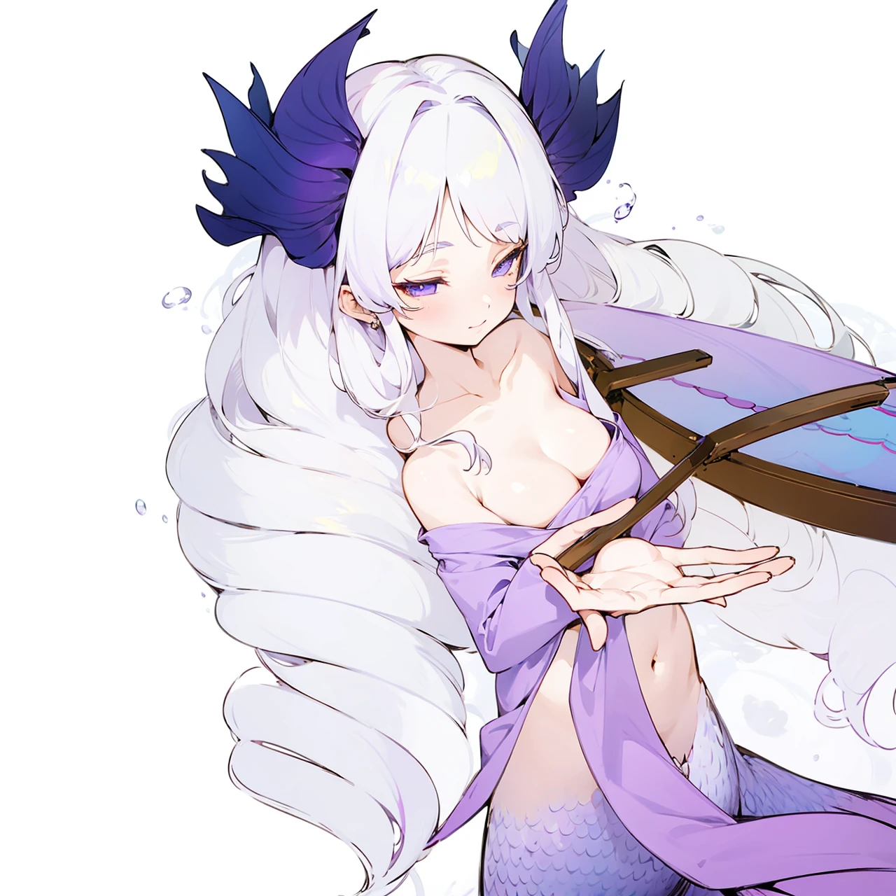 Anime girl with curly white hair with mermaid tail fins on hips,purple top and piece of long clothes, looking on the boat while guiding it with her hand as she's floating on the water