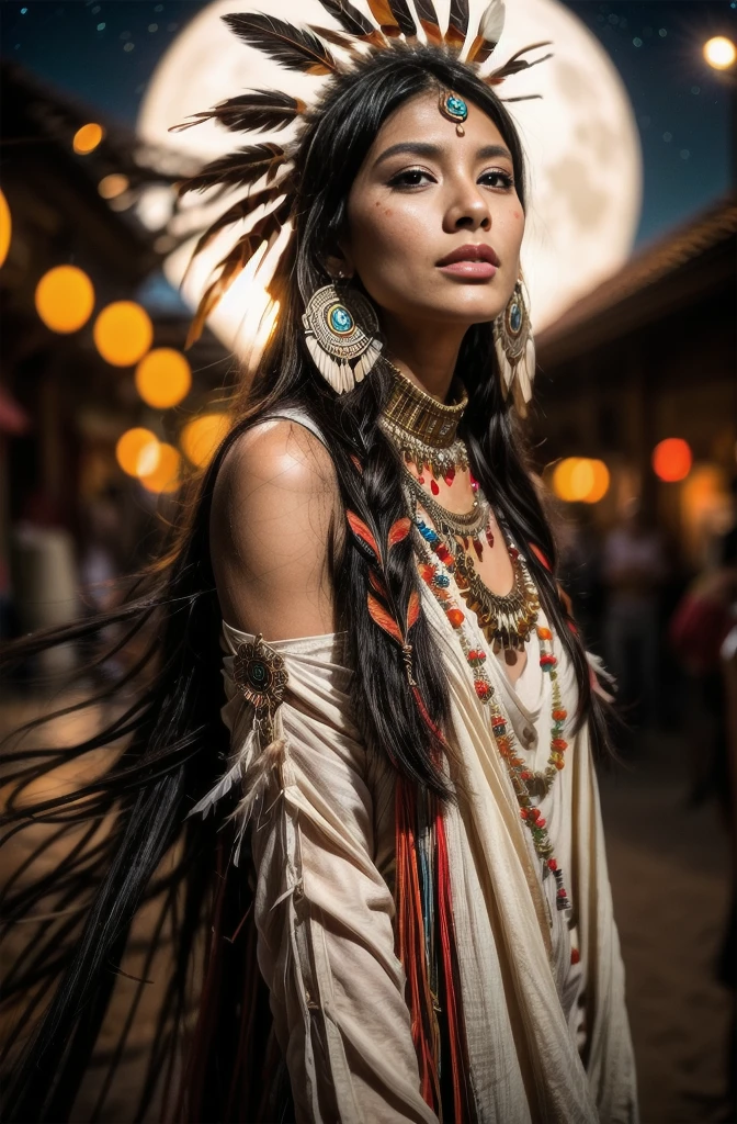 Beautiful Cherokee Indian woman with beautiful terracotta colored headdresses, blackw, doradas, cobre, Pearl, white and beige, feathers made of bright neon of various colors, flares on camera, bokeh, full moon night