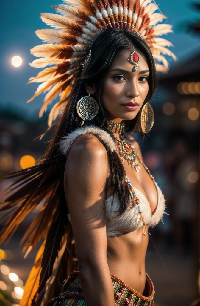 Beautiful Cherokee Indian woman with beautiful terracotta colored headdresses, blackw, doradas, cobre, Pearl, white and beige, feathers made of bright neon of various colors, flares on camera, bokeh, full moon night