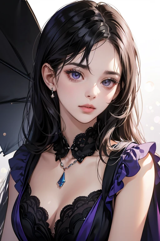 (Detailed lips), (Realistically:1.37), Black Hair, Purple Dress, 悲Shii顔, Looking into the camera, Upper Body, Simple Background, (Studio Lighting), (focus on), (High Dynamic Range), (Bokeh), (in contrast), (Kilo:1.2), (elegant), (Elegance), (like々Shii), (Deluxe), (Complex), (Perfect perfection), (masterpiece), (High resolution), (Highest quality, 4K, 8K), alone, 18 year old girl.