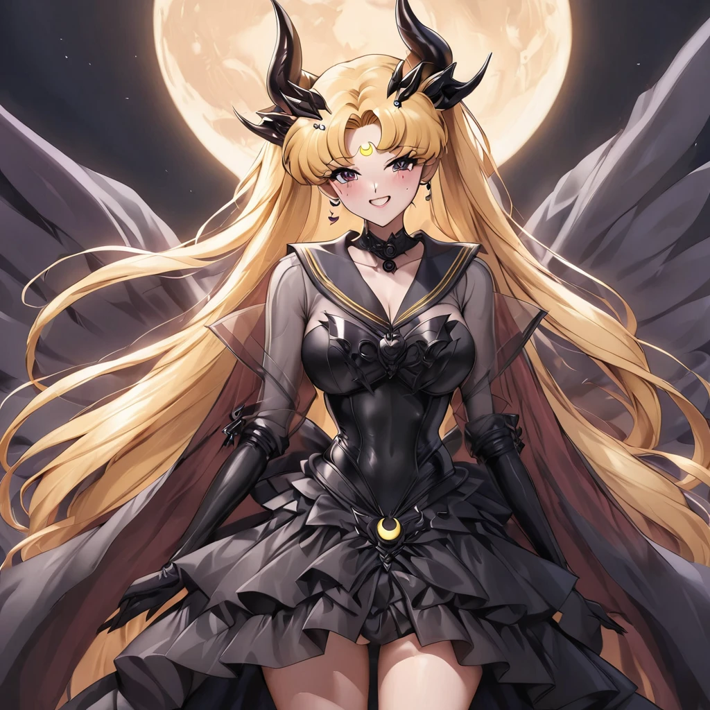 ((Highest quality)), ((masterpiece)), (detailed), (Perfect Face)、The woman is the bride of the Demon King, the Dark Queen of the Black Moon Clan, the Demon Queen Devil Sailor Moon, and the woman is a sexy female demon with jet black skin, Devil Sailor Moon.、The woman is a jet-black female demon with magnificent devil horns, jet-black devil wings, and a jet-black tail, her skin is jet-black, and she has a black inverted crescent moon mark on her forehead, and her gorgeous black skin is visible through her black see-through Lolita Gothic Victorian wedding dress, a black wedding veil, and a black see-through cape. She is a devil bride, a jet-black demon named Devil Sailor Moon, and has blonde hair, looking at the camera with a happy expression.2The expression of a girl in love with her long hair tied up、Woman is Devil Sailor Moon