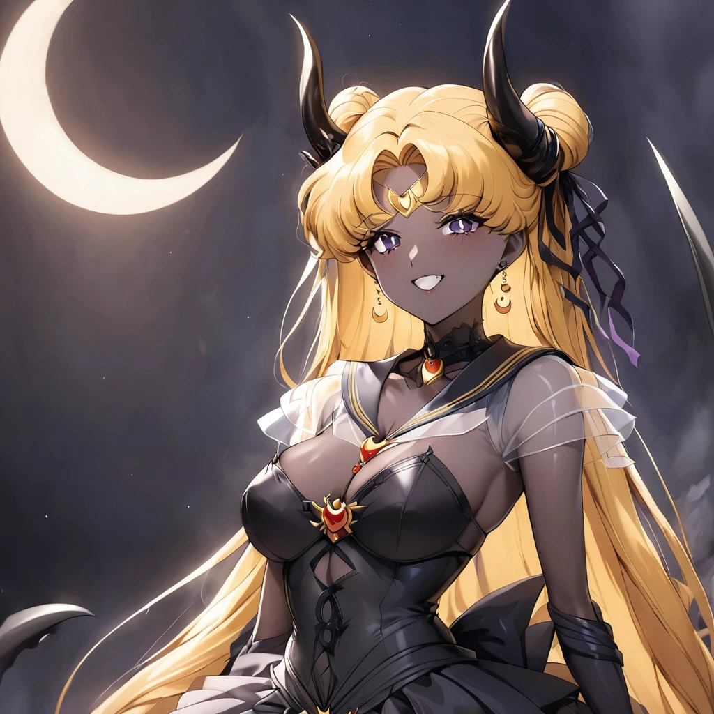 ((Highest quality)), ((masterpiece)), (detailed), (Perfect Face)、The woman is the bride of the Demon King, the Dark Queen of the Black Moon Clan, the Demon Queen Devil Sailor Moon, and the woman is a sexy female demon with jet black skin, Devil Sailor Moon.、The woman is a jet-black female demon with magnificent devil horns, jet-black devil wings, and a jet-black tail, her skin is jet-black, and she has a black inverted crescent moon mark on her forehead, and her gorgeous black skin is visible through her black see-through ta Gothic Victorian wedding dress, a black wedding veil, and a black see-through cape. She is a devil bride, a jet-black demon named Devil Sailor Moon, and has blonde hair, looking at the camera with a happy expression.2The expression of a girl in love with her long hair tied up、Woman is Devil Sailor Moon
