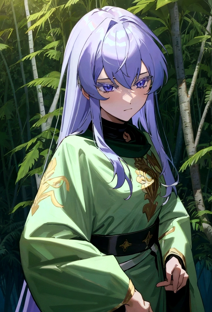 a knight with green hair and lilac eyes in a forest at night