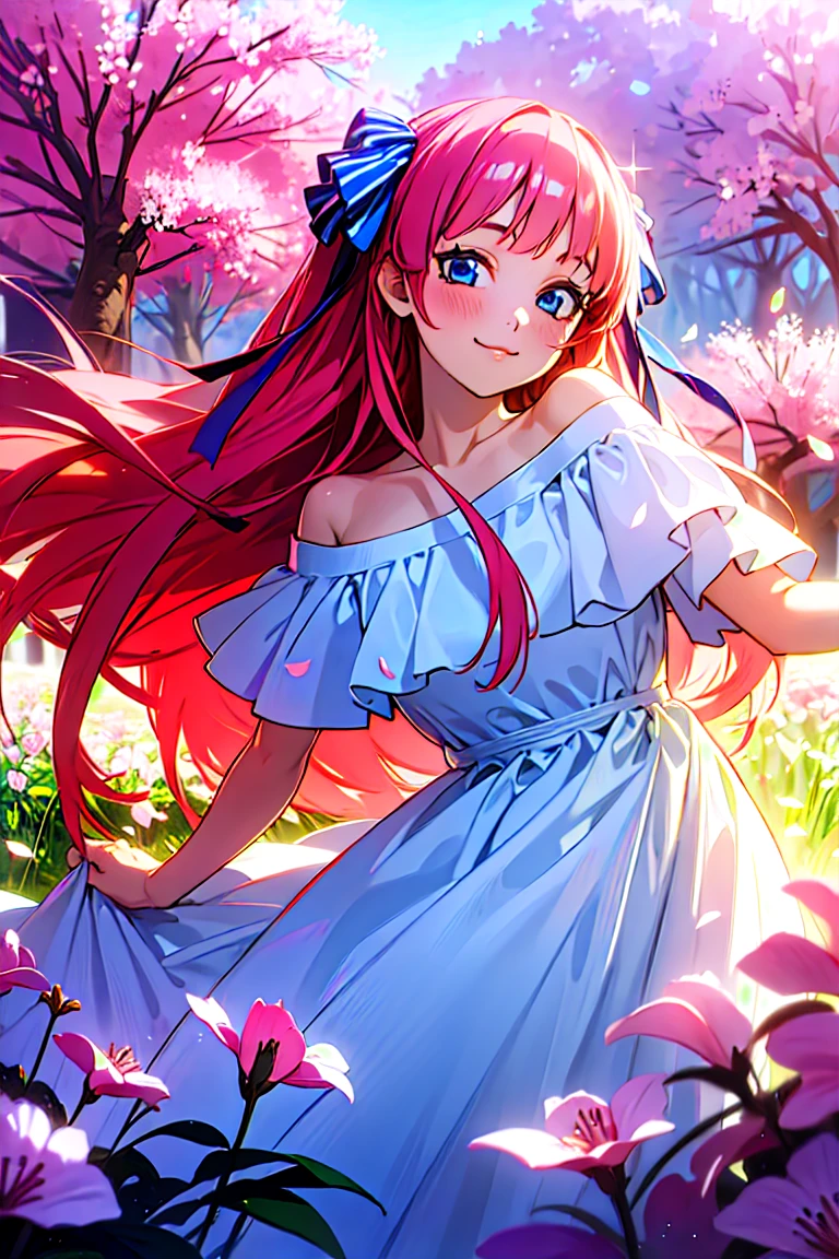 Best quality, masterpiece, ultra high res, (photorealistic:1.4), raw photo, 1girl, white dress, off shoulder, blossom flower field, glowing skin, light smile, nino nakano, pink red long hair, shoulder, blue eyes, hair ribbons