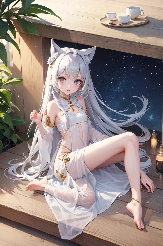 li，masterpiece, high resolution, best quality, Very detailed,wallpaper，Cute and cute，White jade skin，Silver long hair，Height one meter five，Wearing a lehenga、V-shaped jumpsuit，Full body picture,No shoes，Very small feet