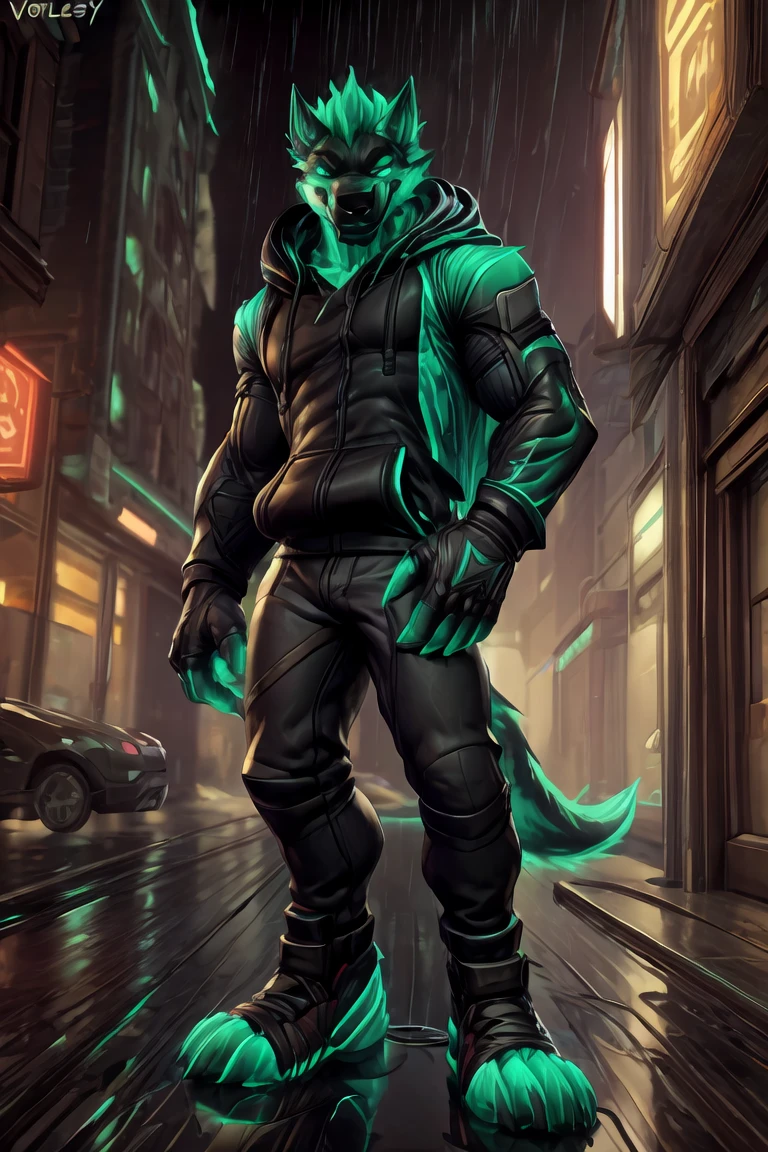 Empty, Reality, , The art of math, roadside + asphalt + Big cities, (rain drop:1.2),rain, Detailed background, Bright Lights, foot splash on a puddle of rain,
Low Angle, (Front view:0.9), Solitary, male, Cerberus-fortnite 和, Fitness, Kind eyes, Delicate eyes,anthro
Black joggers pants, blue-green unbuttoned (hoodie:1.2), T 恤, blue-green Black (sports shoes:1.2), Black (blue-green:0.6) (Gloves:1.2), Wired headphones, Headphone cable,
Smile, confidence, sit, Bend your knees, Photo poses,
Pass null_ghost, By Norka, author:W4G4, From voidlesky, author:lost-paw, author:warden006, From tattooorexy,