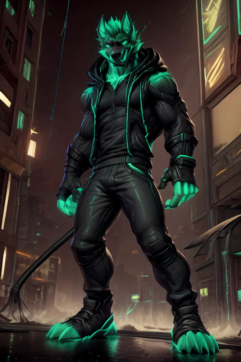 Empty, Reality, , The art of math, roadside + asphalt + Big cities, (rain drop:1.2),rain,  Detailed background, Bright Lights, foot splash on a puddle of rain, 
Low Angle, (Front view:0.9), Solitary, male, Cerberus-fortnite 和, Fitness, Kind eyes, Delicate eyes,anthro
Black joggers pants, blue-green unbuttoned (hoodie:1.2), T 恤, blue-green Black (sports shoes:1.2), Black (blue-green:0.6) (Gloves:1.2), Wired headphones, Headphone cable, 
Smile, confidence, sit, Bend your knees, Photo poses,
Pass null_ghost, By Norka, author：W4G4, From voidlesky, author：lost-paw, author：warden006, From tattooorexy,