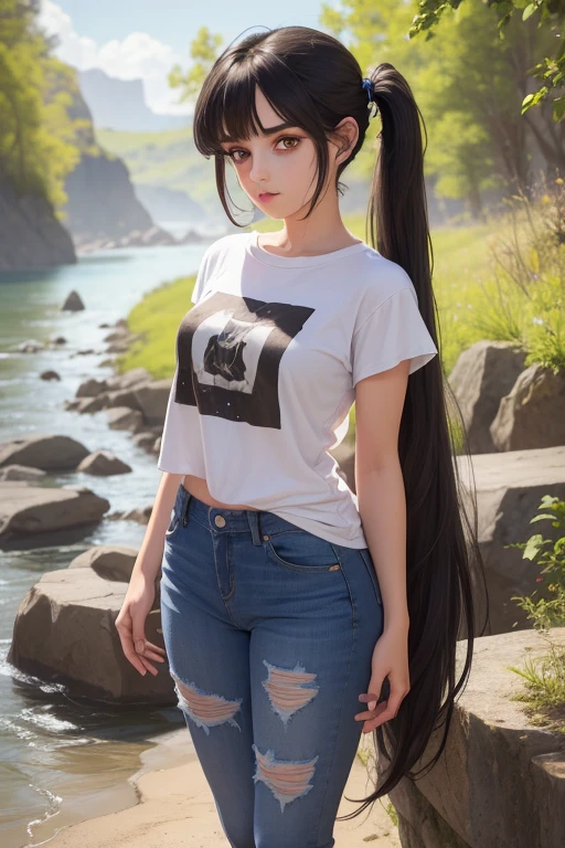 (best qualityer), (hyper realist), mh-yk, 1 girl, standing alone, black hair, eyes browns, , long hair,wearing a t-shirt with a rock band design and tight jeans,big ,, twintails, plein-air, hair rings, gazing at viewer,anxious