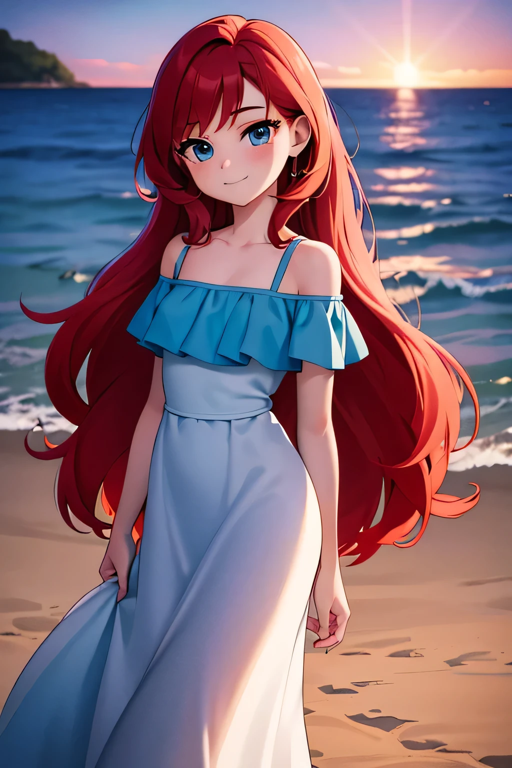 ruby 1 girl, Teenage, Long Red hair, Medium Hair, Blue eyes, bare shoulders, medium breast, aqua ruffle off shoulder maxi dress, standing up, over the sea, beautiful purple sunset at beach, Sexy, masterpiece, High quality. 2D illustration, 2D flat, sit down, Masterpiece, 8K, HDR, portrait, in the center, smile