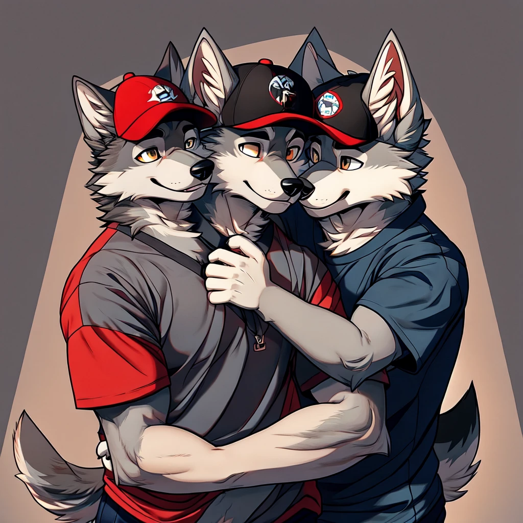 Canine, wolf, wolf male, Dark gray fur, wearing a shirt, Wearing a cap, hugging another a male wolf with black fur, furry art