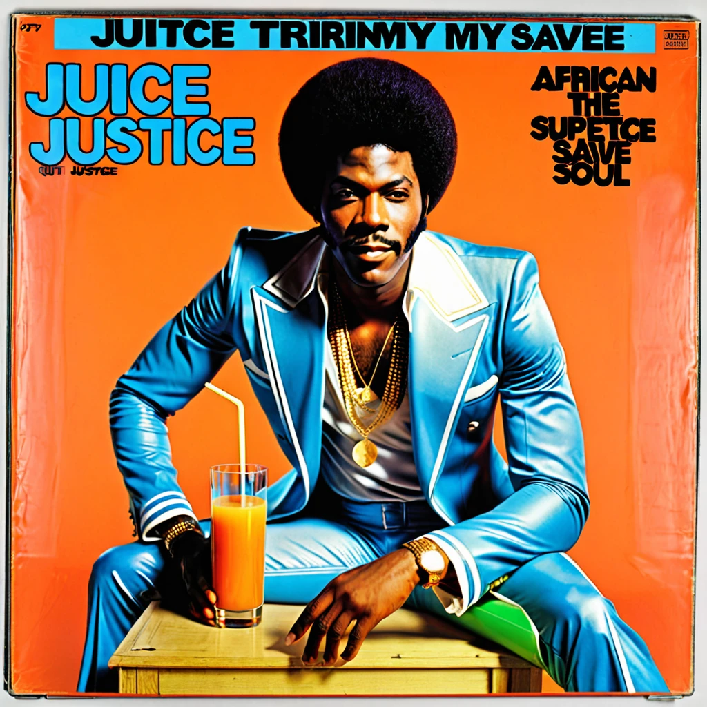 Create a 1970s vinyl album cover for an african-american male r&b superstar named "Juice Justice". The name of the album is called "Quit Tryin To Save My Soul".