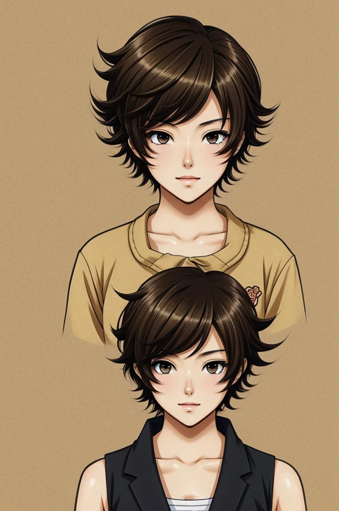 Anime tomboy waifu japanese art style 1.55 meters tall, short curly hair, light brown skin, black eyes