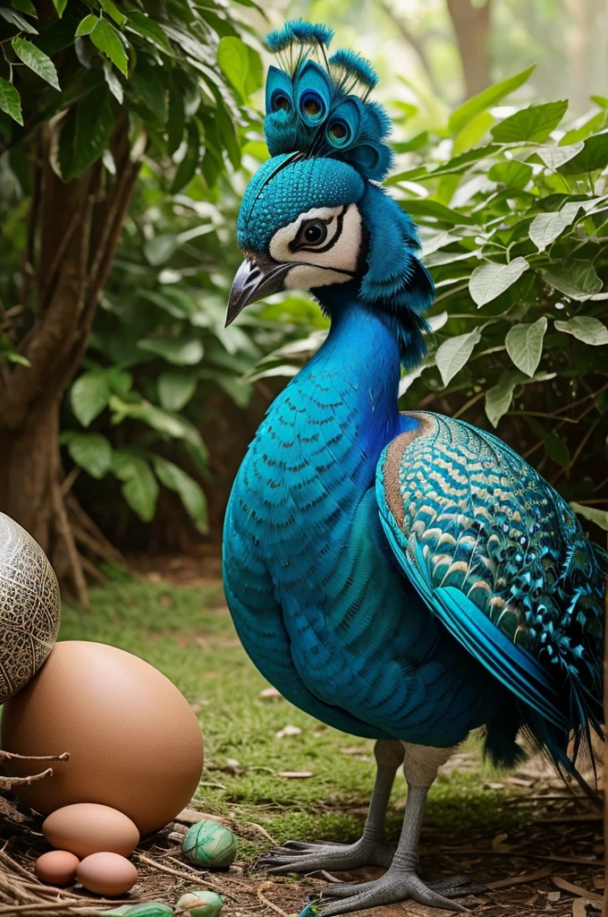 Hansika Motwani is a peafowl bird, She is a bird but her head looks like girl, from neck to full body looks like peafowl bird. peafowl legs, peafowl wings. Bird body, peafowl body, perfect picture, perfect bird, real bird, Real head replace with real peafowl head. Exact Bird. Colorful peafowl. Full body Bird. Realistic picture. She sit on her eggs.