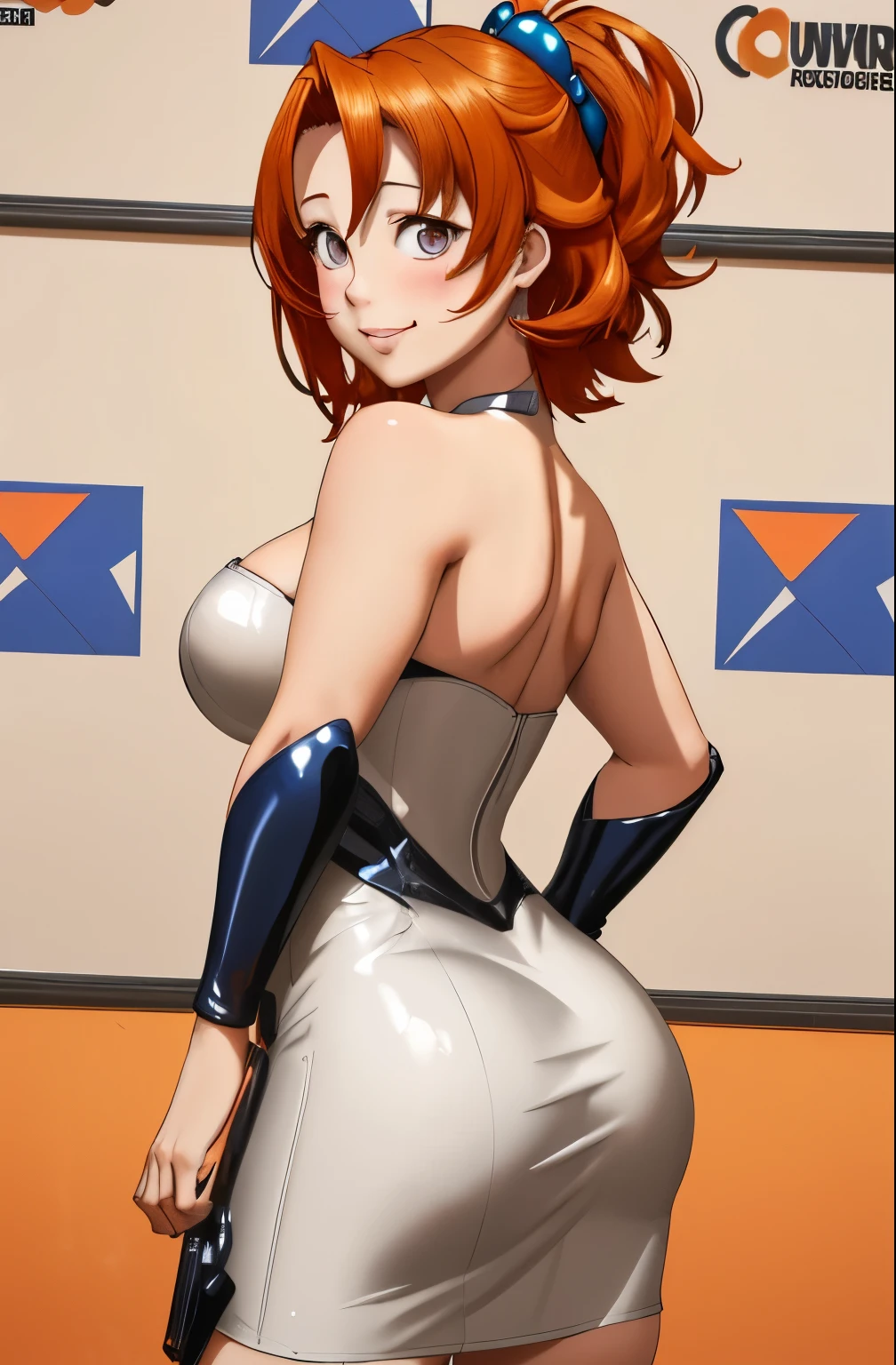 work of art, best qualityer, cowboy shot, from behind, Looking back,wall-paper, Honoka Kousaka,hair orange , blue colored eyes, ((short silver bodycon dress)), strapless,latex, cute smile , hair ornamen, (curvy body), standing for interview,red carpet