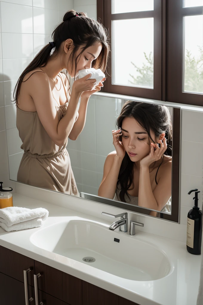 Woman washing her face in the morning after waking up at a sink in the bathroom