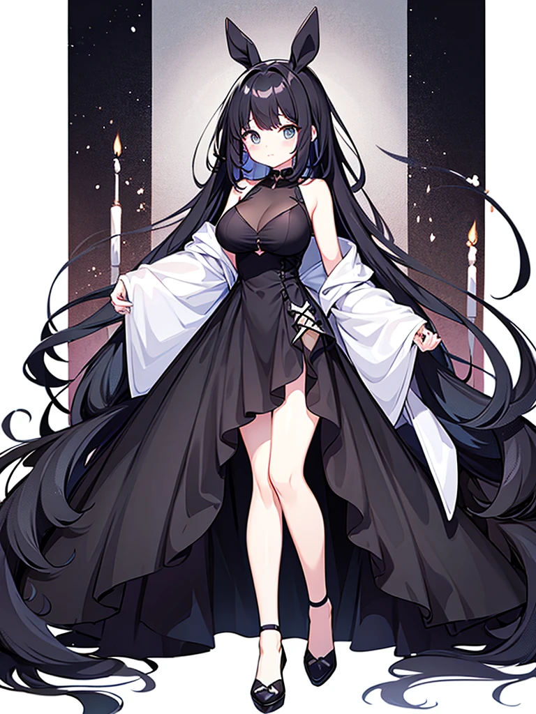 Full-body portrait、Are standing、Adult women、Black Hair、Untidy hair、Messy hair、Thick Hair、Very long hair、Long Hair、A thin, short, revealing black curtain dress、Large breasts、Too much exposure