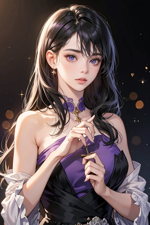 (Detailed lips), (Realistically:1.37), Black Hair, Purple Dress, 悲Shii顔, Looking into the camera, Upper Body, Simple Background, (Studio Lighting), (focus on), (High Dynamic Range), (Bokeh), (in contrast), (Kilo:1.2),  (elegant), (Elegance), (like々Shii), (Deluxe), (Complex), (Perfect perfection), (masterpiece), (High resolution), (Highest quality, 4K, 8K), alone, 18 year old girl.