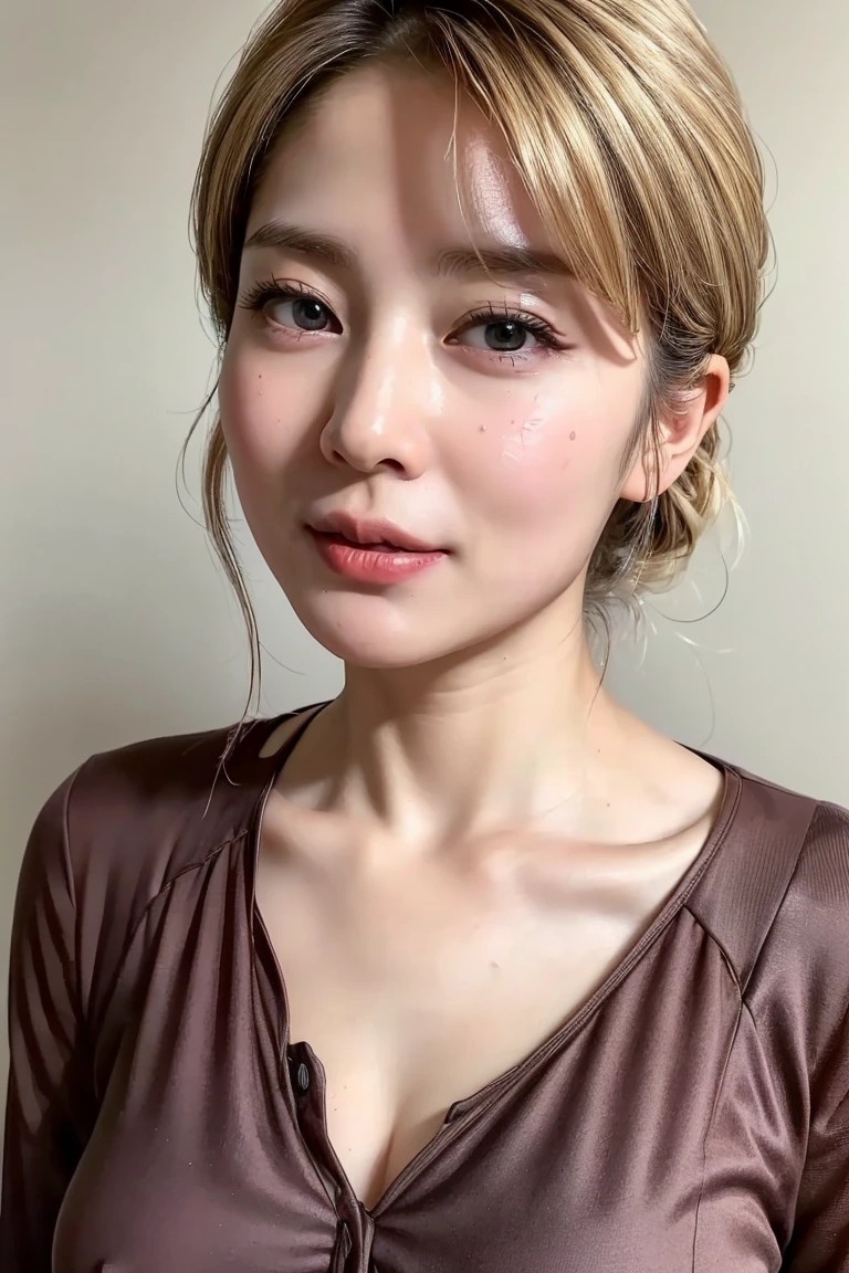 (Realistic:1.3、Ultra HD、Ultra-high resolution、8K、Female Japanese Housewife、寝室でBlowjobチオをするMature Woman:1.5、At the bed)、((Look Viewer:1.8))、(Extremely realistic skin texture:1.4)、(Realistic:1.3)、short hair、((Embarrassed expression:1.5))、(blonde:1.5)、48-year-old woman、Mature Woman、Ponytail Hairstyles、(Brown eyes:1.3)、(Face close-up:1.38)、(Sweaty:1.2)、(Nipplesを見せる)、((衣服から突き出たNipples,))、dress、美しいNipples、Nipples、(Shooting from the side:1.1)、Drooling、((Blowjobチオ:1.6、Blowjob、Cum in mouth、Bukkake))