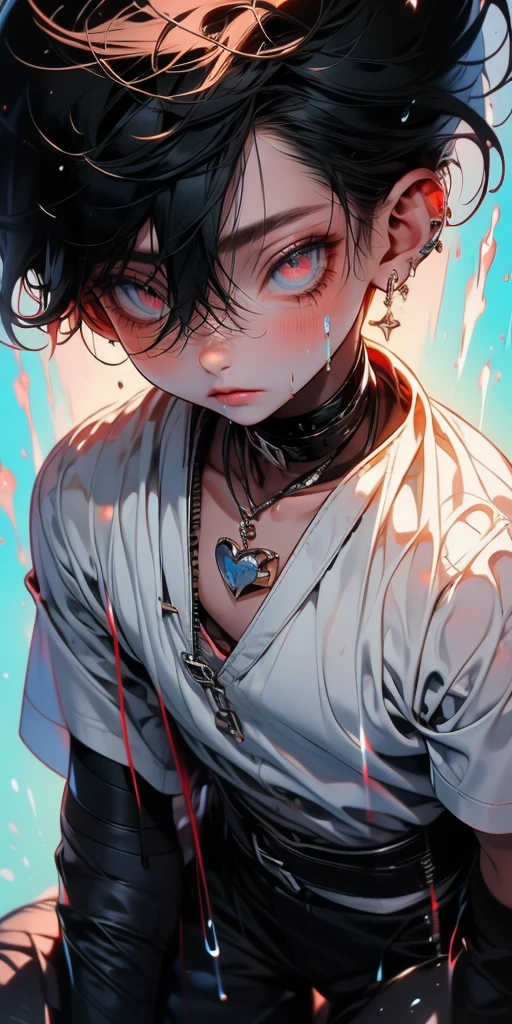 sexy boy, (((cute and wet white shirt)) ), extremely detailed, hyper detailed, (((perfect face)), soft lighting, ((best quality)), cute face, (wet white semen ),(( 1 boy)),((fair skin, black hair, Shiny highlights on eyes, bulging crotch,His Chest are tingling,erotic.)),men, human ,only boy,((boy 16 year old)), horny boy,