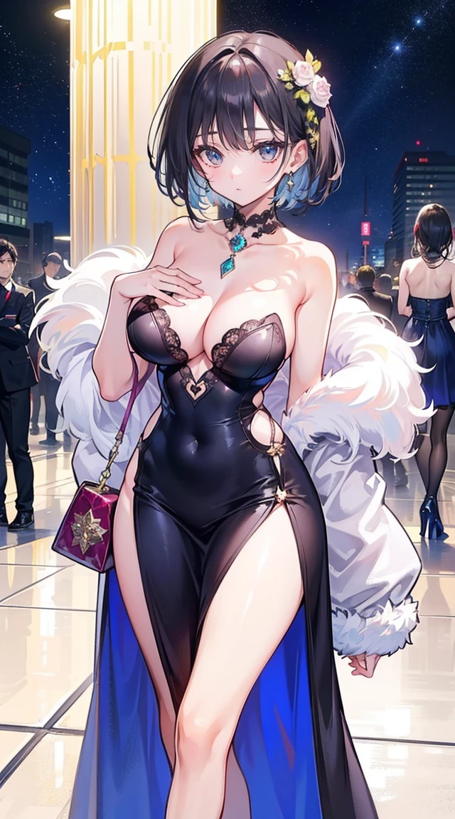 beautiful woman,smile,(light green short hair),nobility,(princess),blue student,Tall figure,((Strapless dress)),low skirt,(Star evening dress),ta skirt,Show your legs,Crystal heels,red carpet,prom website,(nobility),(titsใหญ่),((fluffy fur)),(2 young women ,beautiful woman),(20 year old girl),big breasts,Big tits,tits,rift, visible chest, Show your breasts, open chest,((bare breast:1.37)), ฉันเห็นtitsโป่งพ,(large areolae:1.4,pink,titsมองเห็นได้ชัดเจน..)