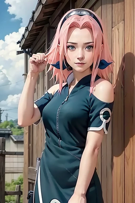 Masterpiece， The best quality at the best.， 1 girl， Sakura Haruno， big breasts，Off the shoulder clothing，（neckline)，Closeup of upper body，Sexy servant，Is shy，with pink hair， long white hair， green eyes， forehead protection， smile， both hands on hips， blue sky， clouds， hidden town

