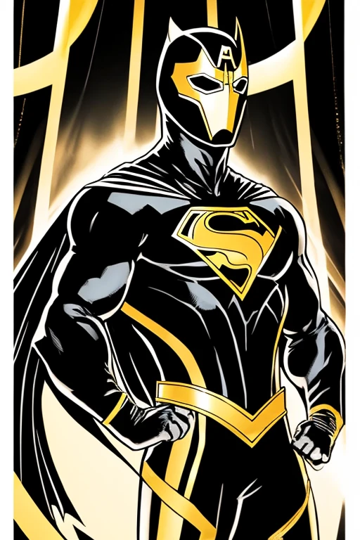 superhero character wearing a dominant black costume with gold trim with a black cape standing straight, wearing a mask over the eyes, adding the initials SK on the chest