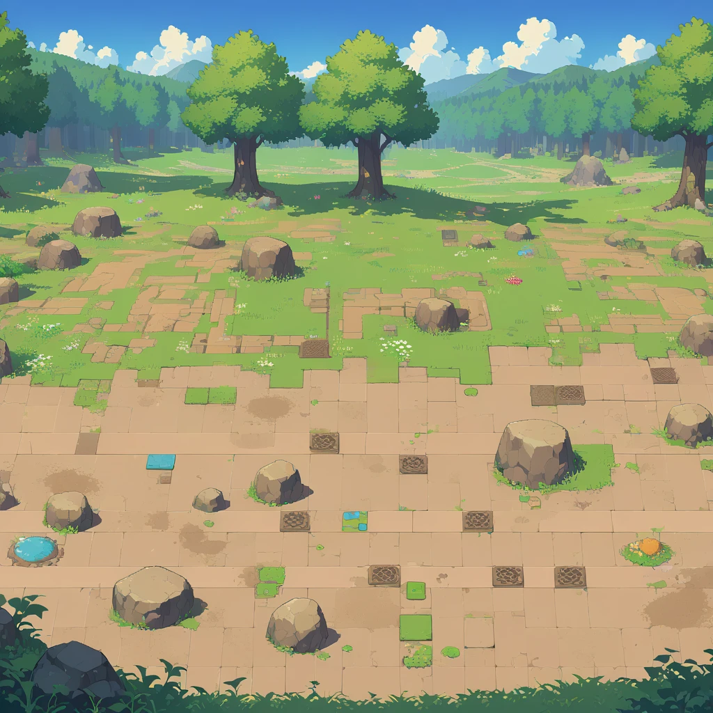 retro video game style,pixelated pastel colors,8-bit characters,blocky shapes,sharp lines,detailed shading,classic gaming vibe,nostalgic atmosphere,classic arcade games,masterpiece:1.2,ultra-detailed,illustration style, 2d texture, stone texture, 4 k seamless mud texture, video game texture, dirt texture, tileset, game tiles, grass, trees, rock texture, forest, topdown view, game texture, game art, dirt, , tileable texture, flowers, top down view, 3/4th perspective