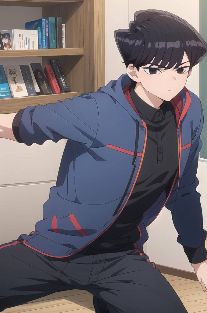 A boy with black hair, black eyes and fair skin. in the style of Anime: Komi-San.