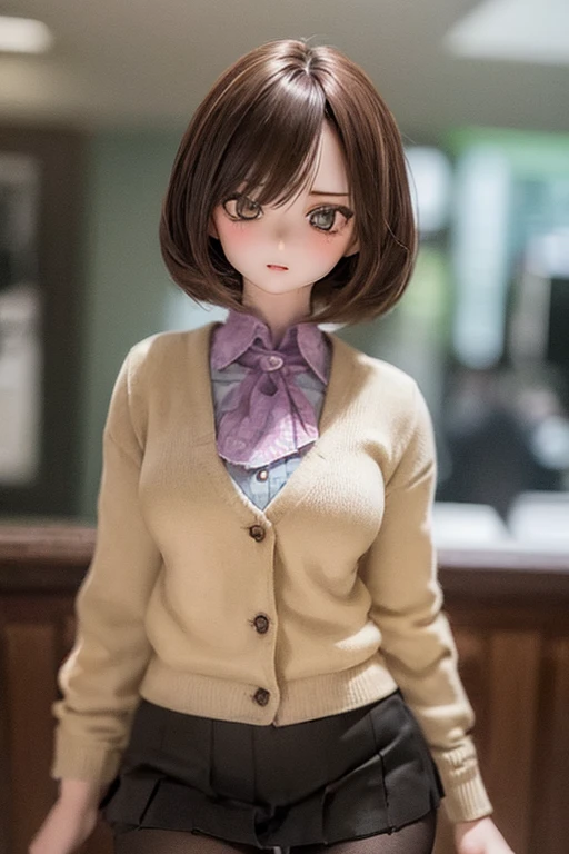(SFW:2), photorealistic, realistic photo, ((highest quality)), ((masterpiece)), ((extremely detailed)), kukolnydom, doll, (mature woman, 21yo, 21 years old:1.6), solo, ((cowboy shot, dynamic pose, skinny, slender, slim)), green eyes, light smile, parted lips, (brown hair, looking at viewer, blank stare, empty eyes, detailed eyes, detailed face:1.3), cardigan, blouse, ascot, pleated skirt, pantyhose, museum, 8k