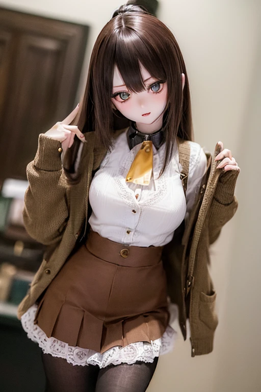 (SFW:2), photorealistic, realistic photo, ((highest quality)), ((masterpiece)), ((extremely detailed)), kukolnydom, doll, (mature woman, 21yo, 21 years old:1.6), solo, ((cowboy shot, dynamic pose, skinny, slender, slim)), green eyes, light smile, parted lips, (brown hair, looking at viewer, blank stare, empty eyes, detailed eyes, detailed face:1.3), cardigan, blouse, ascot, pleated skirt, pantyhose, museum, 8k