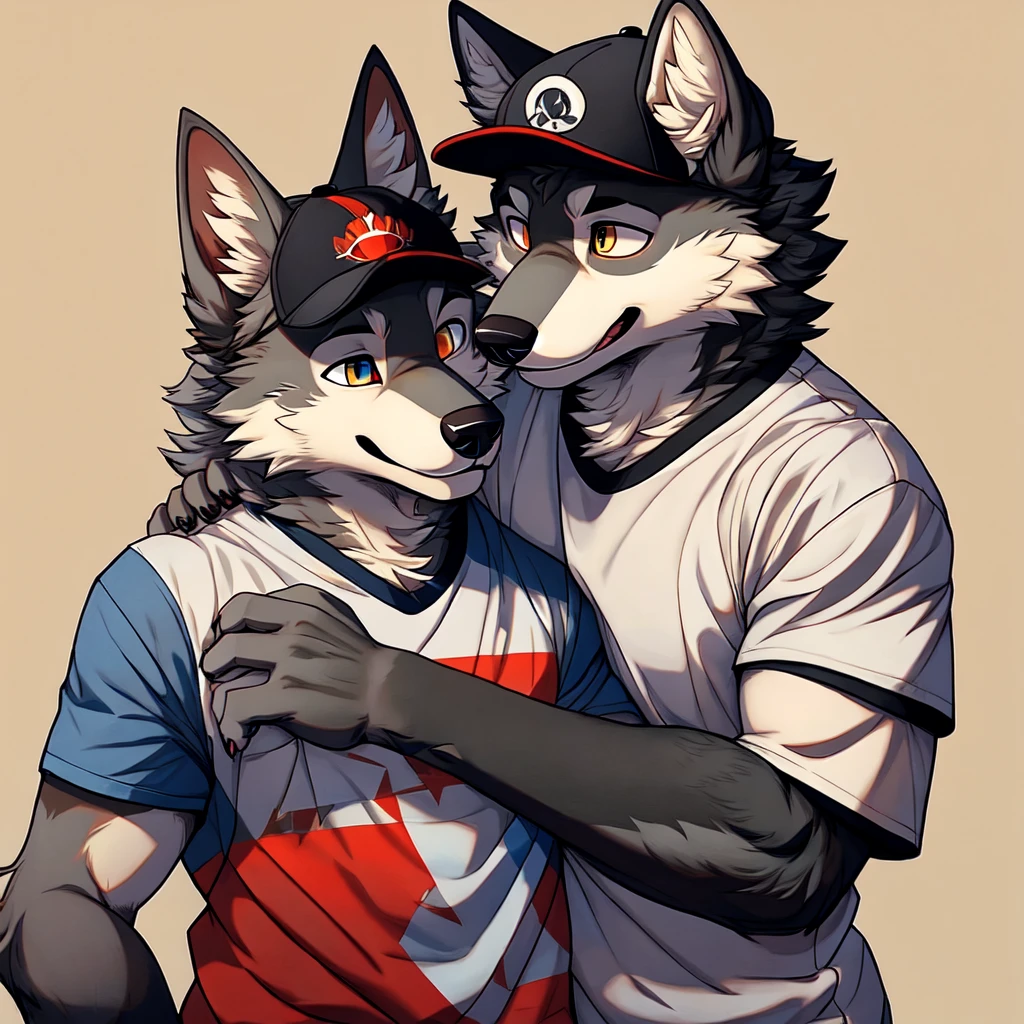 2 persons, Canine, wolf, wolf male, Dark gray fur, wearing a shirt, Wearing a cap, hugging another a male wolf with black fur, furry art