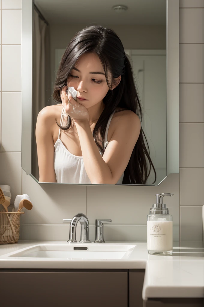 Woman washing her face in the morning after waking up at a sink in the bathroom