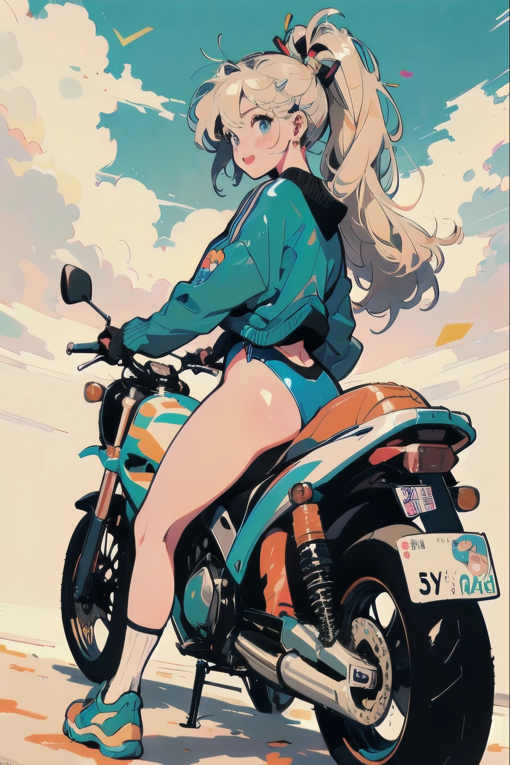 Beautiful Girls in Anime ,clean small surfaces, (magazine cover:1), ((From the back:1.3))、((Riding on motorcycle)), (Lots of stickers:1.5), 1 cute girl, highest quality、ウルトラ - High resolution、High resolution、Detailed CG、8k unit wallpaper、17 years old、fine and beautiful eyes, long hair、(((Different types of colorful super shiny latex swimsuits)))、(((After sunburn)))、VTuber Full Body Model、(shiny body,:1.5)、((Mr.々street fashion、Oversized sweatshirt、socks、tech sneakers))、Breast augmentation、blush, smile、(Upper body)、sky and clouds