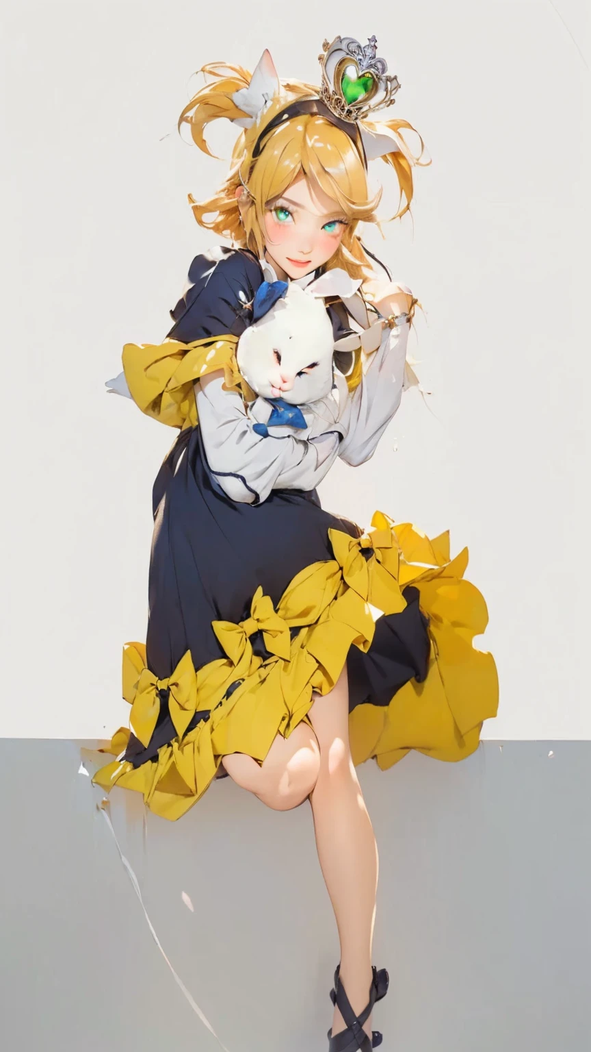 ((Masterpiece)), (best quality), (very detailed), ((very detailed)), 4k, (8k), girl with a white fat rabbit doll with hat in her arms,  in dress, kagamine rin, , my dress up darling anime, ,  cat girl in a maid costume and crown with green jwel heart shape on head, marisa kirisame,  girl in a maid costume, splash art anime , ((wearing aristocrat robe)), cute anime waifu in a nice dress,realistic style