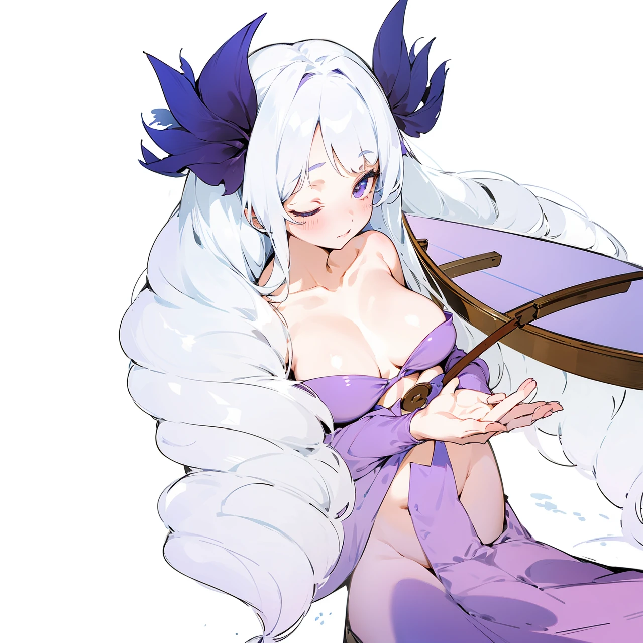 Anime girl with curly white hair with mermaid tail fins on hips, looking on the boat while guiding it with her hand