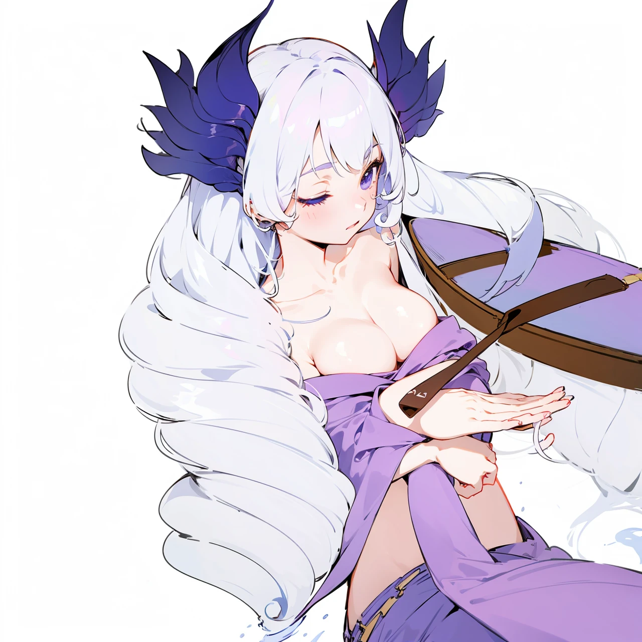 Anime girl with curly white hair with mermaid tail fins on hips,purple top and piece of long clothes, looking on the boat while guiding it with her hand as she's floating on the water