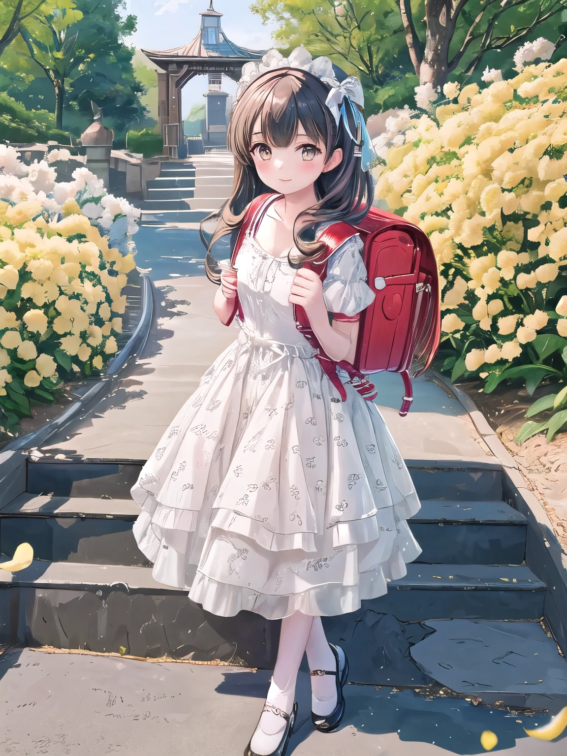 Masterpiece, hd, a girl with a cute dress, frilled dress, party dress, An incredibly charming carrying a backpack, (backpack:1.2), enjoying a lovely spring outing surrounded by beautiful yellow flowers and natural scenery, realistic photography, fullbody