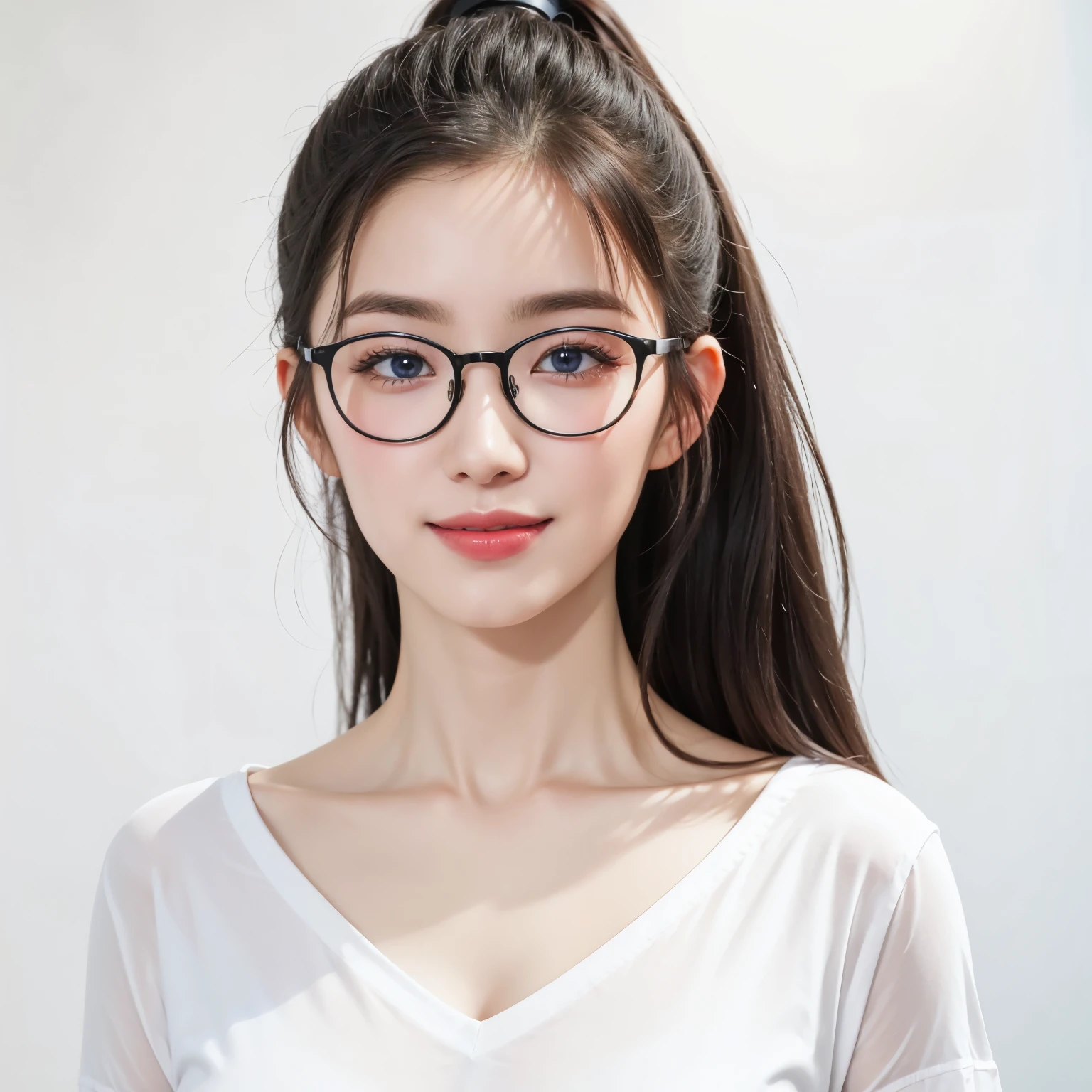 (Best quality, masterpiece, detailed), (RAW, 4k, hd images), shy, 1 girl, , white skin, long hair, ponytail, layers hair, bangs, black hair, beautiful girl, cute girl, sweet girl, pretty girl, perfect girl, perfect body, pretty eyes, blue eyes, thin lips, (eye line, lip stick soft), perfect , glasses(detailed frame), indoors, smile, white tshirt, lower V neck, white wall background, looking front