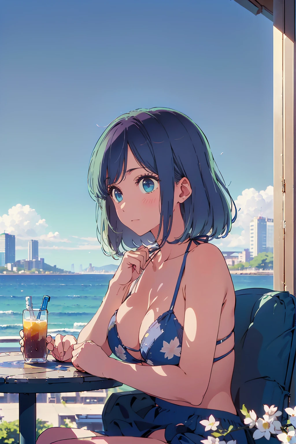 (Highest quality:1.4、masterpiece:1.4、Super detailed:1.4、8K:1.4)、F cup bust、Big Breasts、Slim body、((((1 person、Surprised expression、sit、Chair、In the background are the urban buildings of Tokyo、looking at the camera、Outdoor café terrace、coastal、Navy hair color、juice、Shooting very far away、table、Very cute face))))、(Pose of putting hair behind ears with hands:1.4）、((nude、Areola、bikini size too small))、Very blue sky、A completely cloudless sky、Big eyes、((((Shallow depth of field))))