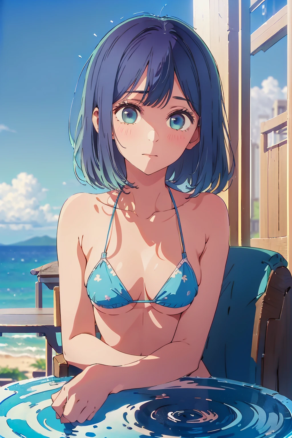 (Highest quality:1.4、masterpiece:1.4、Super detailed:1.4、8K:1.4)、F cup bust、Big Breasts、Slim body、((((1 person、Surprised expression、sit、Chair、In the background are the urban buildings of Tokyo、looking at the camera、Outdoor café terrace、coastal、Navy hair color、juice、Shooting very far away、table、Very cute face))))、(Pose of putting hair behind ears with hands:1.4)、((nude、Areola、bikini size too small))、Very blue sky、A completely cloudless sky、Big eyes、((((Shallow depth of field))))