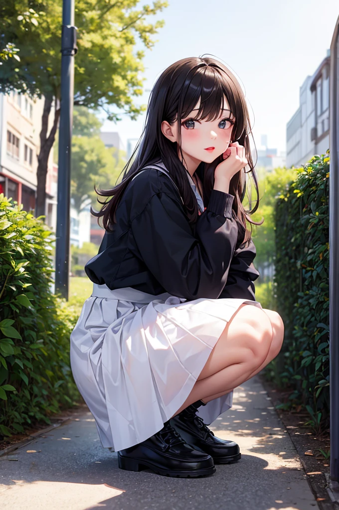 Squat、Long skirt, Bright lips