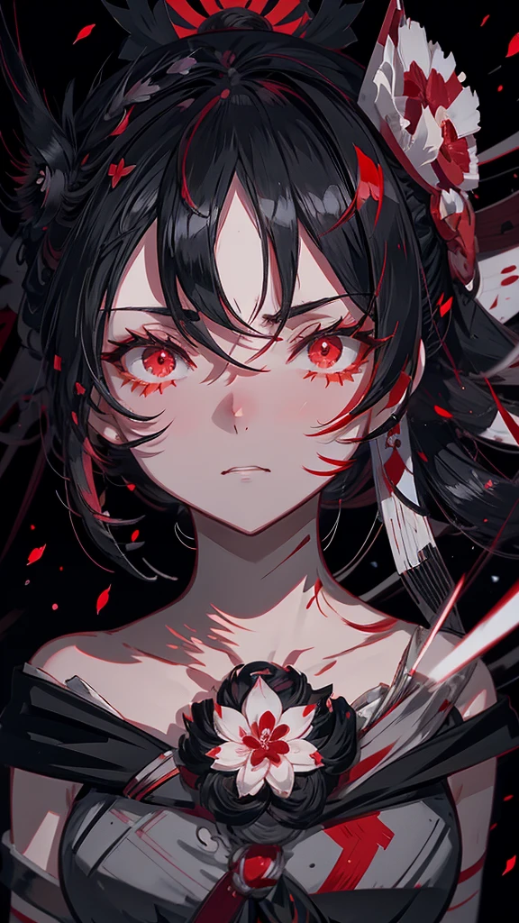 Anime girl with black hair and red petals on her face, Yandere, gapmoe Yandere, With eyes that glow red, Another close-up of Iwakura, bakemonogatari, gapmoe Yandere grimdark, Red eyes glow, By Ren, Tohsaka Rin, With red eyes, sakura petals around her, Singey