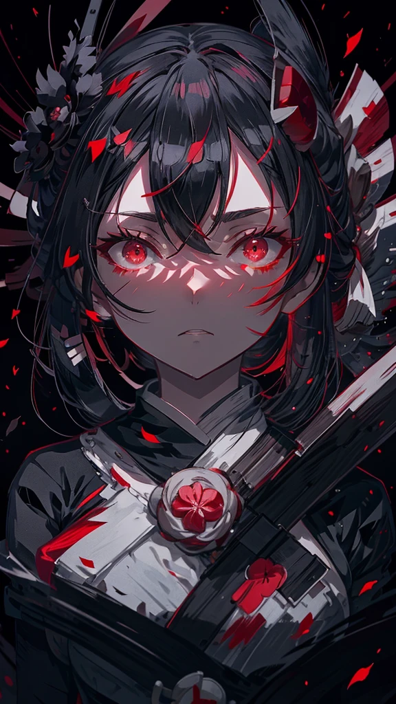 Anime girl with black hair and red petals on her face, Yandere, gapmoe Yandere, With eyes that glow red, Another close-up of Iwakura, bakemonogatari, gapmoe Yandere grimdark, Red eyes glow, By Ren, Tohsaka Rin, With red eyes, sakura petals around her, Singey

