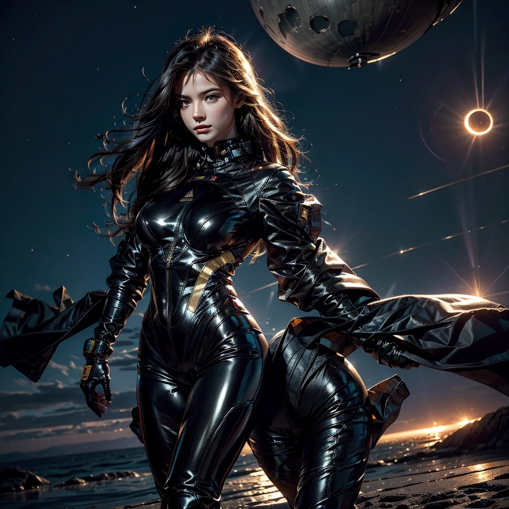 , night time , sexy space suit, eclipse in the sky , landscape