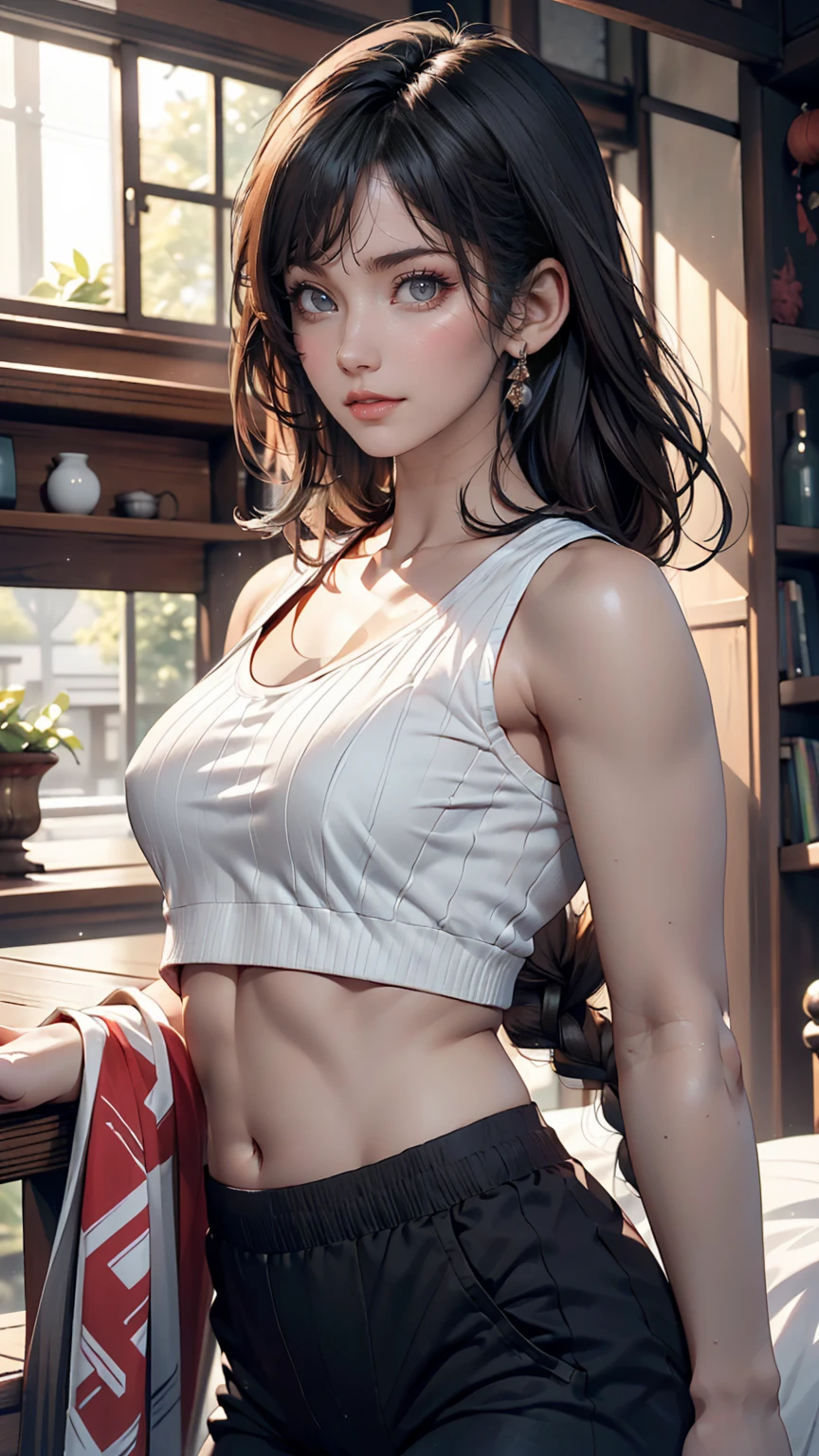 ((Realistic Face, Fascinating, Mature, White eyes)), (Grey crop top, Black underwear, Short clothes), (Long black hair), (20 years), (1 Girl), (4K Style))、24 year old Japanese woman、Sexy proportions、Sexy、Narrow waist、rainbow color hair color、Loose braid
