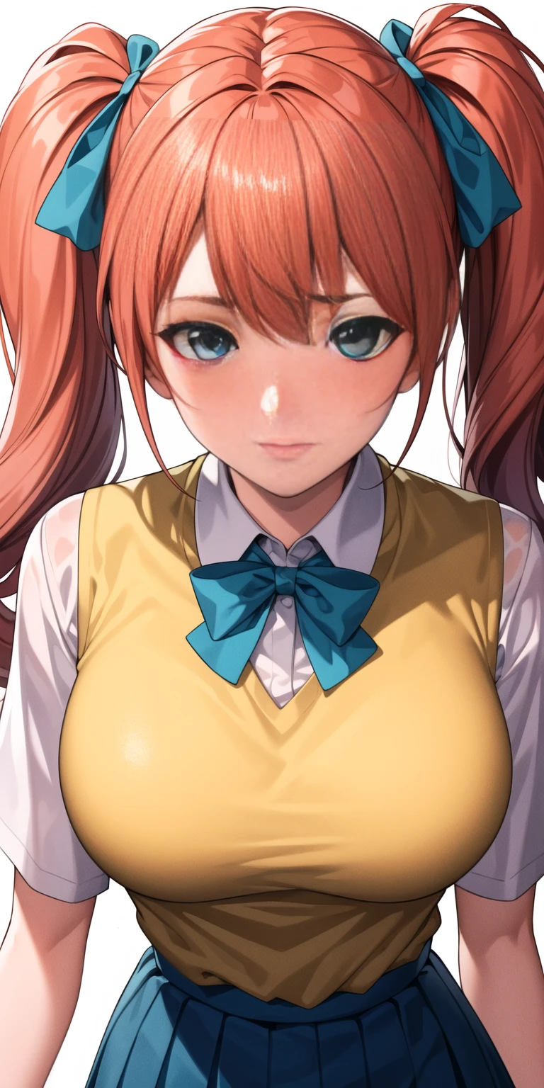 Simple White Background,
school_uniform,yellow_sweater_vest,Blue_skirt,green_neckwear,
red_hair,yellow_bow_ribbon,TwinTails,blue eyes,
1 girl, 20yo,Young female,Beautiful Finger,Beautiful long legs,Beautiful body,Beautiful Nose,Beautiful character design, perfect eyes, perfect face,expressive eyes,perfect balance,
looking at viewer,(Focus on her face),closed mouth, (innocent_big_eyes:1.0),(Light_Smile:0.3),
official art,extremely detailed CG unity 8k wallpaper, perfect lighting,Colorful, Bright_Front_face_Lighting,White skin,
(masterpiece:1.0),(best_quality:1.0), ultra high res,4K,ultra-detailed,
photography, 8K, HDR, highres, absurdres:1.2, Kodak portra 400, film grain, blurry background, bokeh:1.2, lens flare, (vibrant_color:1.2),professional photograph,
(Beautiful,large_Breasts:1.4), (beautiful_face:1.5),(narrow_waist),