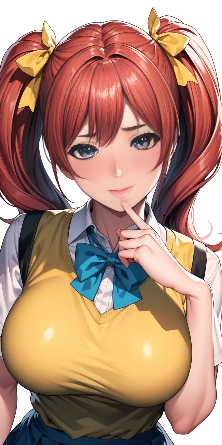 Simple White Background,
school_uniform,yellow_sweater_vest,Blue_skirt,green_neckwear,
red_hair,yellow_bow_ribbon,TwinTails,blue eyes,
1 girl, 20yo,Young female,Beautiful Finger,Beautiful long legs,Beautiful body,Beautiful Nose,Beautiful character design, perfect eyes, perfect face,expressive eyes,perfect balance,
looking at viewer,(Focus on her face),closed mouth, (innocent_big_eyes:1.0),(Light_Smile:0.3),
official art,extremely detailed CG unity 8k wallpaper, perfect lighting,Colorful, Bright_Front_face_Lighting,White skin,
(masterpiece:1.0),(best_quality:1.0), ultra high res,4K,ultra-detailed,
photography, 8K, HDR, highres, absurdres:1.2, Kodak portra 400, film grain, blurry background, bokeh:1.2, lens flare, (vibrant_color:1.2),professional photograph,
(Beautiful,large_Breasts:1.4), (beautiful_face:1.5),(narrow_waist),