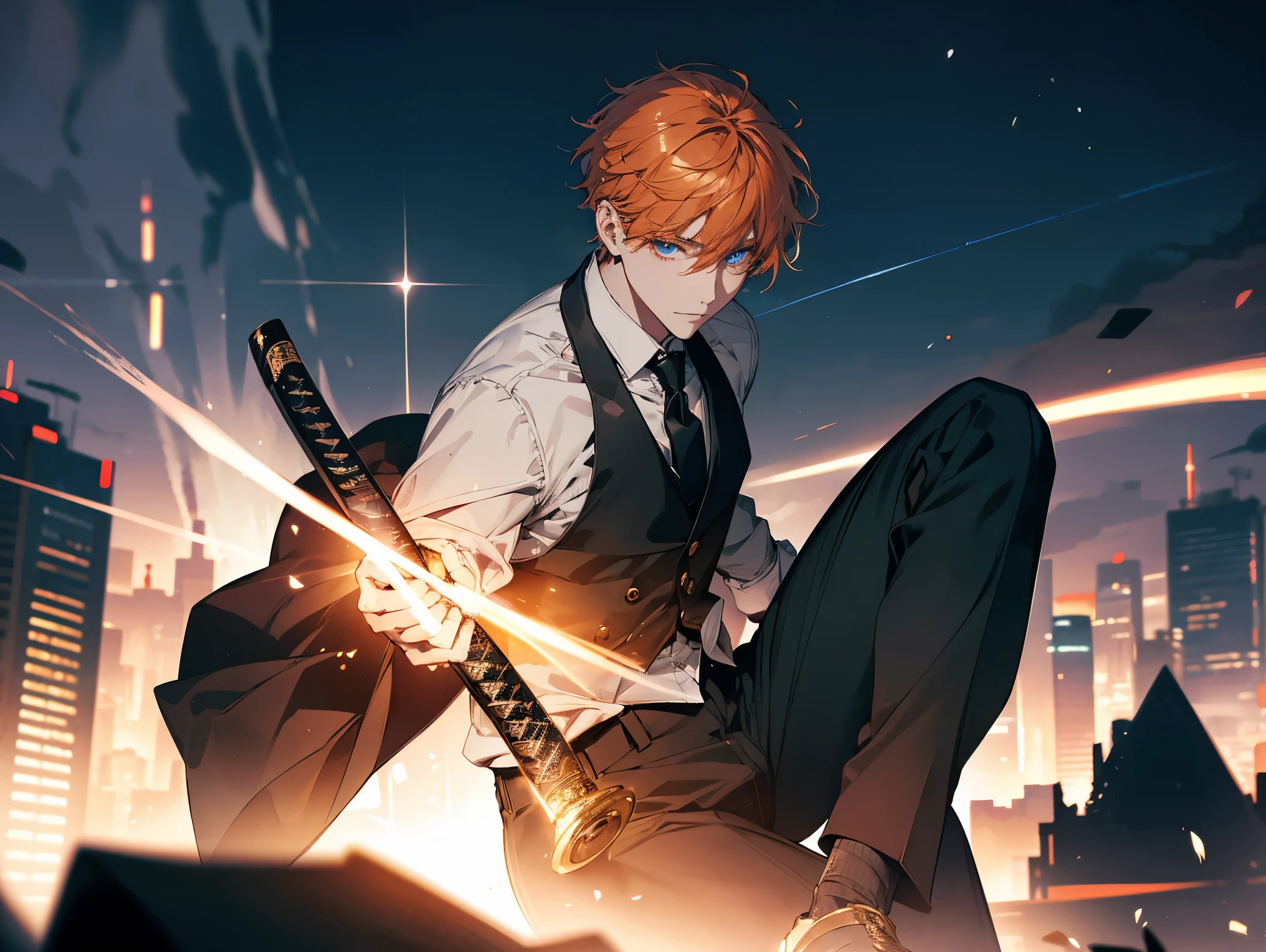 1 man, student, wearing white shirt, top white , bottom black long pants, orange hair, short hair, blue eyes, black tie, face to detail, detailed eyes, the background is black galaxy, holding a katana, short hair, face to detail, detailed eyes, the background is destroyed city, pefect hands, full-body illustration Lightning, Magic, Magic Array, Exaggerated Light, Shine, Magic, Floating, Dusk, over powered, eye catching.